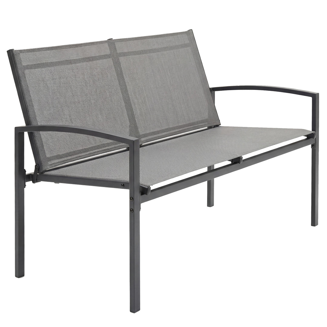 2-personers havebænk, vejrbestandig metalbænk til udendørs brug med åndbart sæde, buede armlæn, 112 x 66 x 80 cm, grå