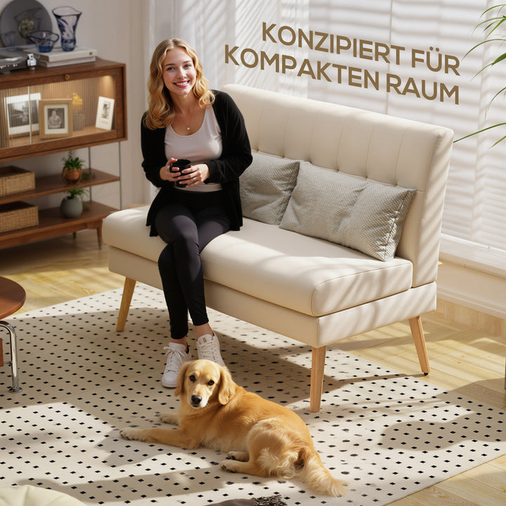 2-personers sofa, tykpolstret ryglæn, træben, tyk polstring, linnedlook, til små rum, beige