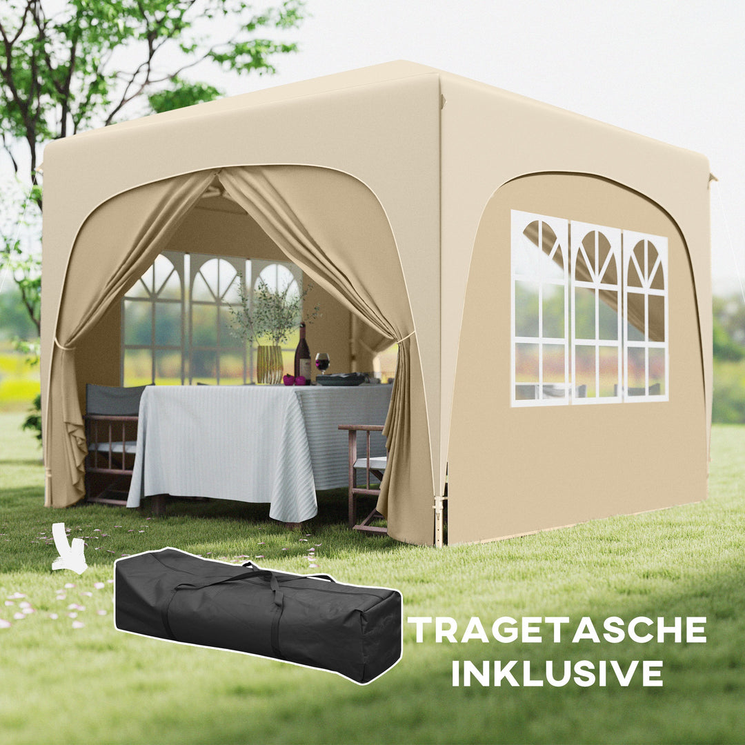 3 x 3 m pavillon, pop-up havetelt med sidevægge og bæretaske, UPF50+, højdejusterbar, sand