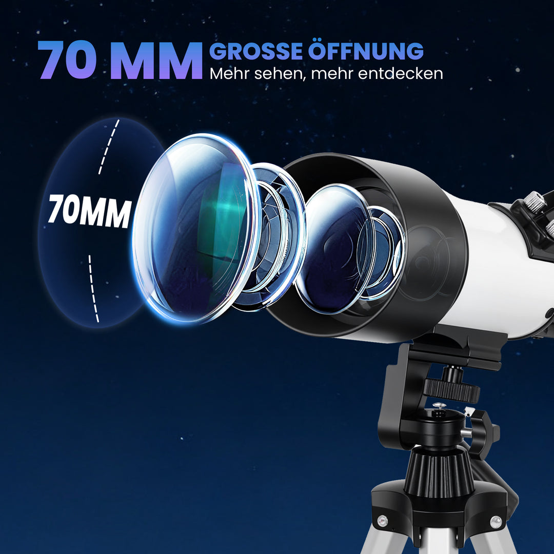 Teleskop for astronomibegyndere og voksne, 70 mm blænde, 400 mm AZ-fatning, astronomisk refraktor med stativ