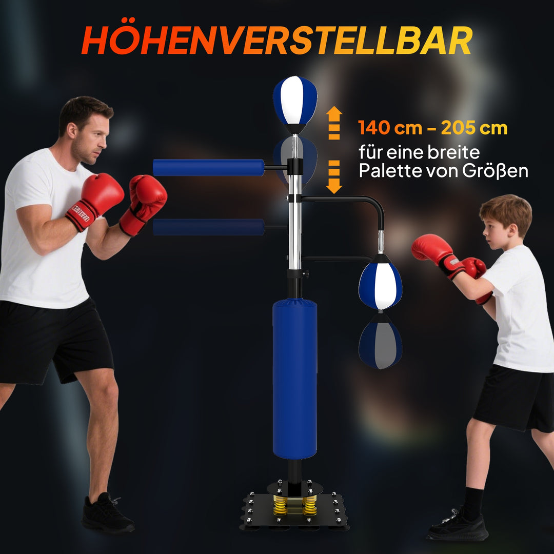 Boksestativ, to speedballs, roterende boksestang, sparkpuder, højdejusterbar, stål, 107 x 36 x 140-205 cm, blå