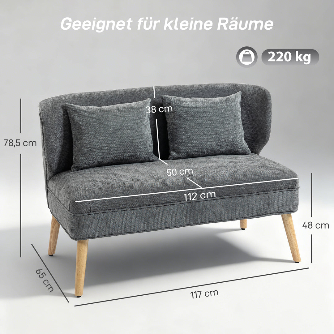 2-personers sofa, lille chenillesofa med ryglæn, tykt sæde, gummitræfødder, grå
