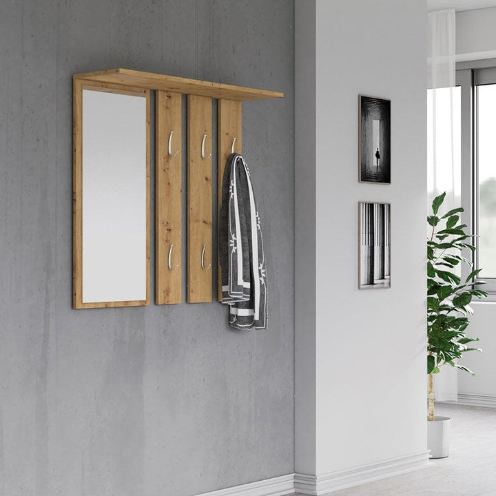 Knagerække med hylde og spejl, naturfarvet