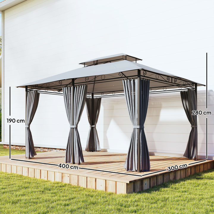Havepavillon, udendørs pavillon med gardiner, ventileret tag, mørkegrå