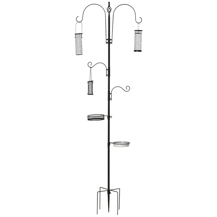Fuglefoderstationssæt af stål, højde 208 cm, inklusive 4 kroge, fuglebad, foderplade, komplet fodersøjle, fuglefoderstation, sort