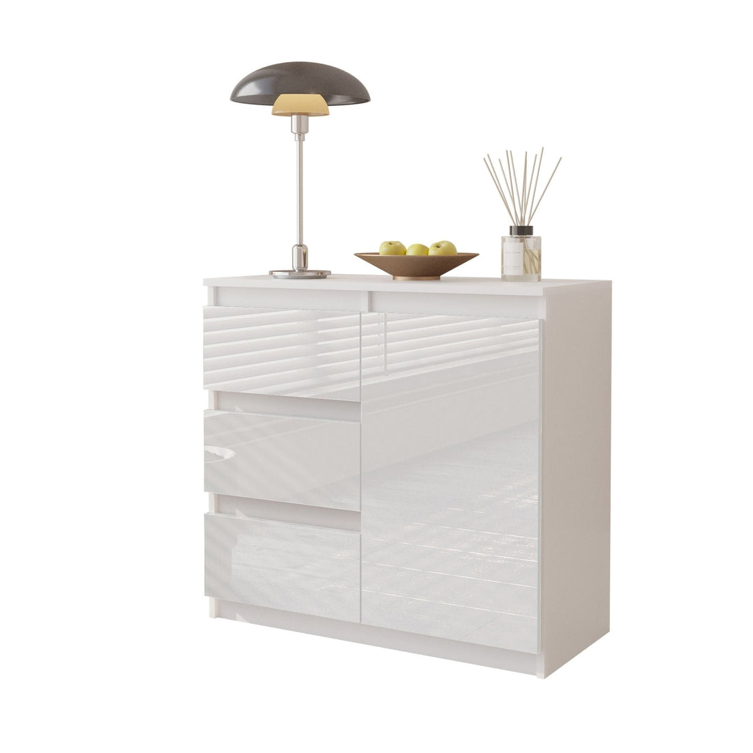 MIKEL - Kommode med 3 skuffer - mat hvid / højglans hvid H75cm B80cm D35cm
