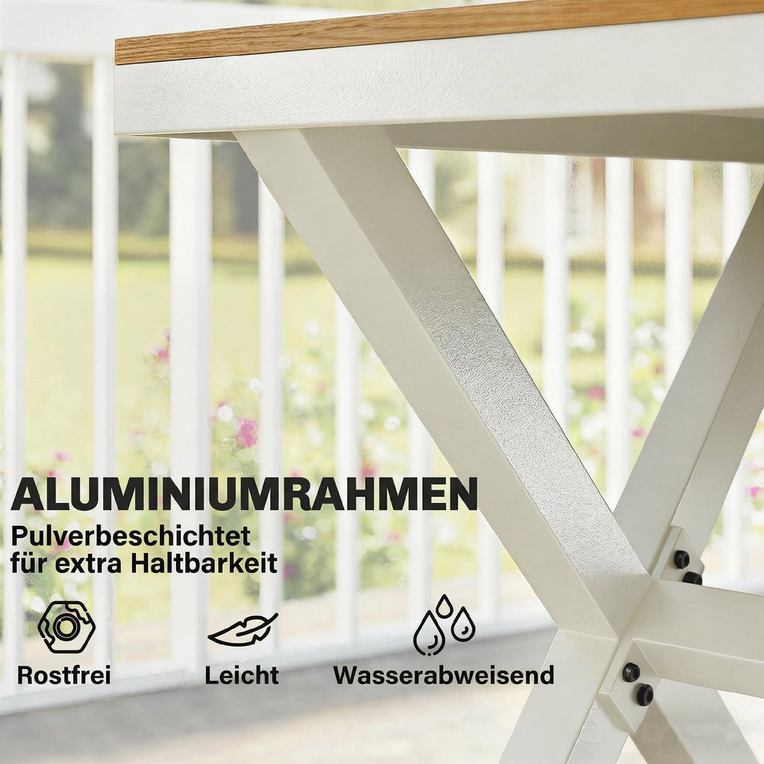 Havemøbelsæt, siddegruppe, 7 dele, bord med 6 stabelbare stole, trælook, aluminiumsstel, teak