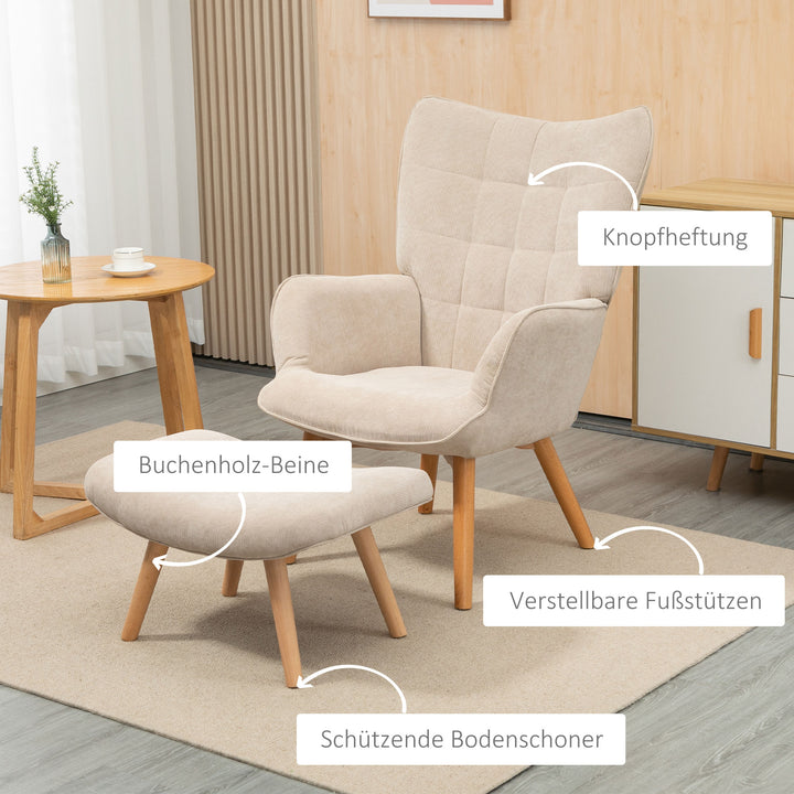 Accentstol med skammel, fløjlsbøjle lænestol, lænestol med træben, til stue, beige