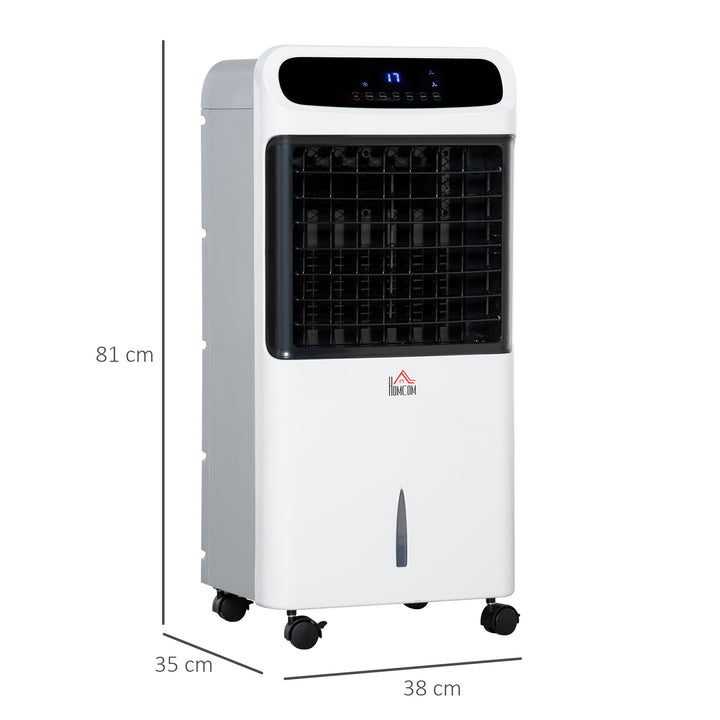 Luftkøler med vandkøling, fjernbetjening, 3 tilstande, 3 hastigheder, 12-timers timer, LED-display, 38x35x81 cm, hvid