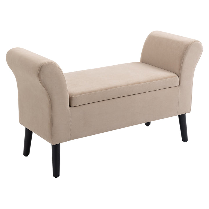 Polstret bænk med opbevaringsplads, kommodebænk med armlæn, 46 cm sædehøjde, fløjl polyester, 111,5 x 41 x 65 cm, beige