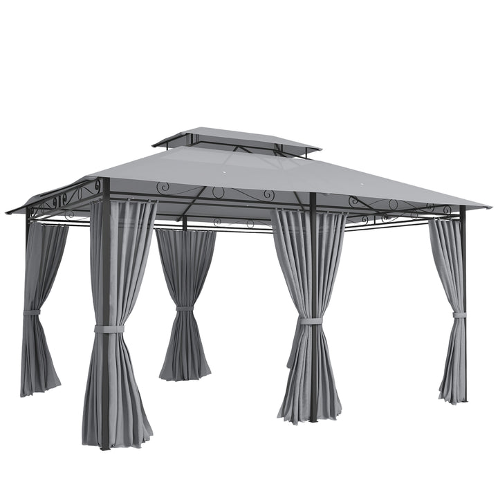 Havepavillon, udendørs pavillon med gardiner, ventileret tag, mørkegrå
