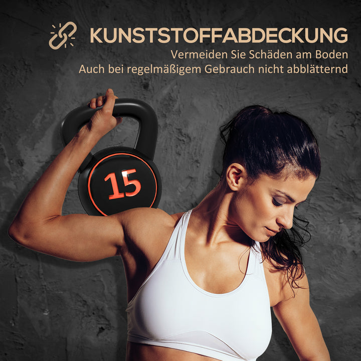 Kettlebell-sæt, 3 kettlebells 2,2 kg/4,5 kg/6,8 kg, plastikhus, sort
