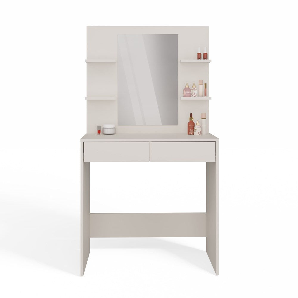 Elegant sminkebord med spejl og 4 hylder, kashmir-farvet