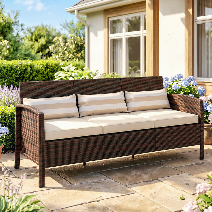Rattan sofa med hynder, tre-personers, havelounge sofa, stål, brun, 173 x 68 x 78 cm