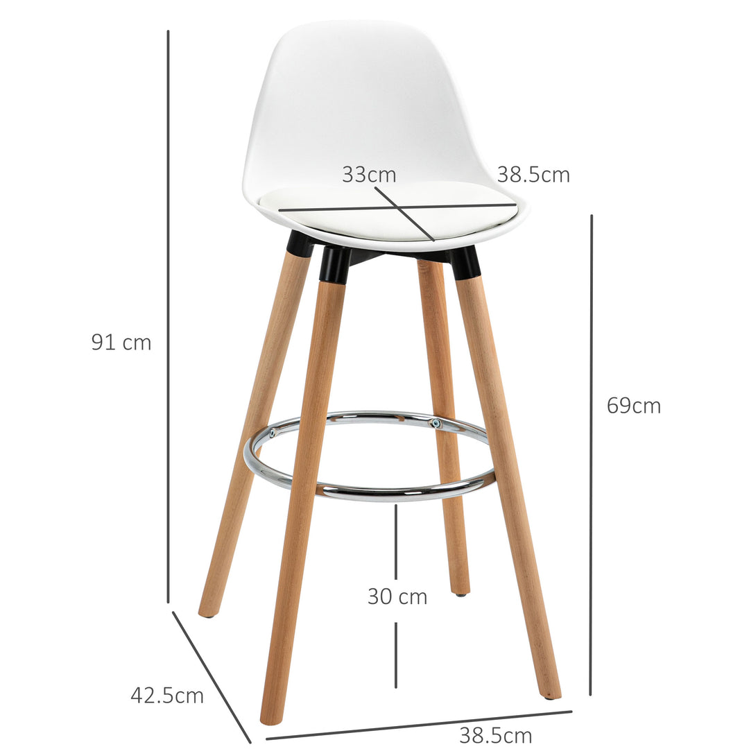Sæt med 2 barstole, skandinavisk design, fodstøtte, 38,5 cm x 42,5 cm x 91 cm, natur + hvid