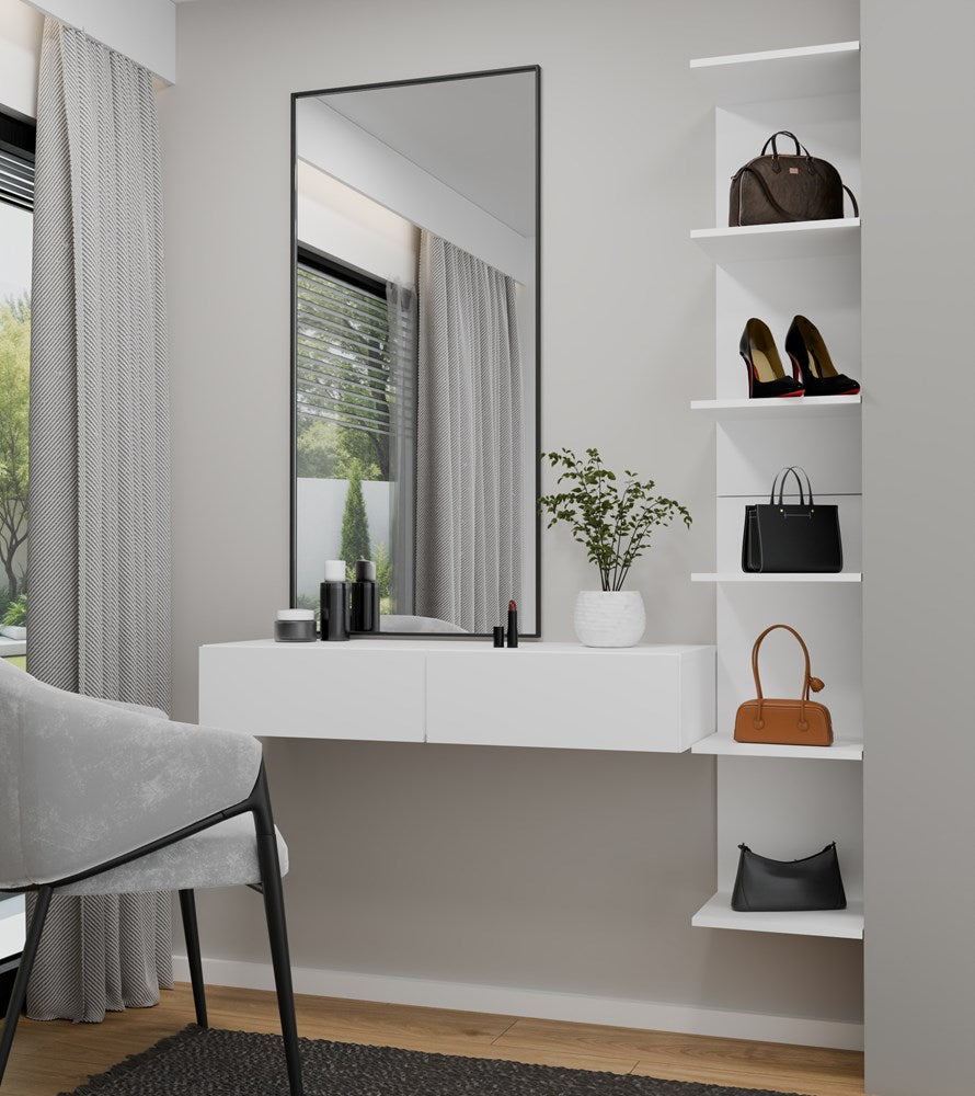 Elegant væghængt sminkebord med 2 skuffer, hvid