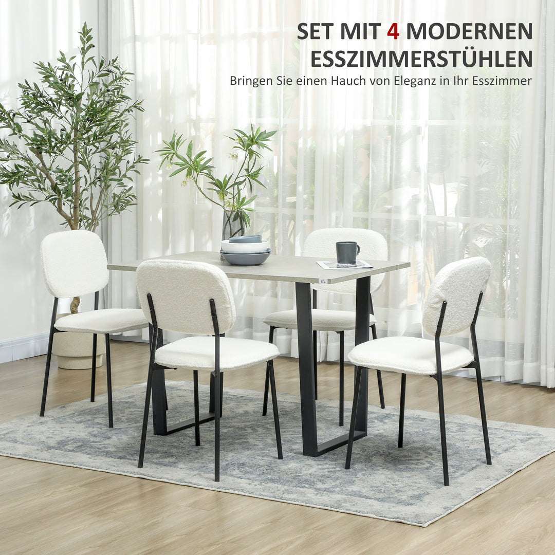 Sæt med 4 spisestole, blødt stofbetræk, stålben, armløs design, hvid