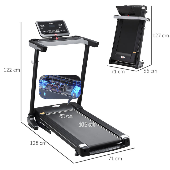 Foldbart løbebånd med 12 programmer og mobiltelefonholder 71 x 128 x 122 cm stål sort