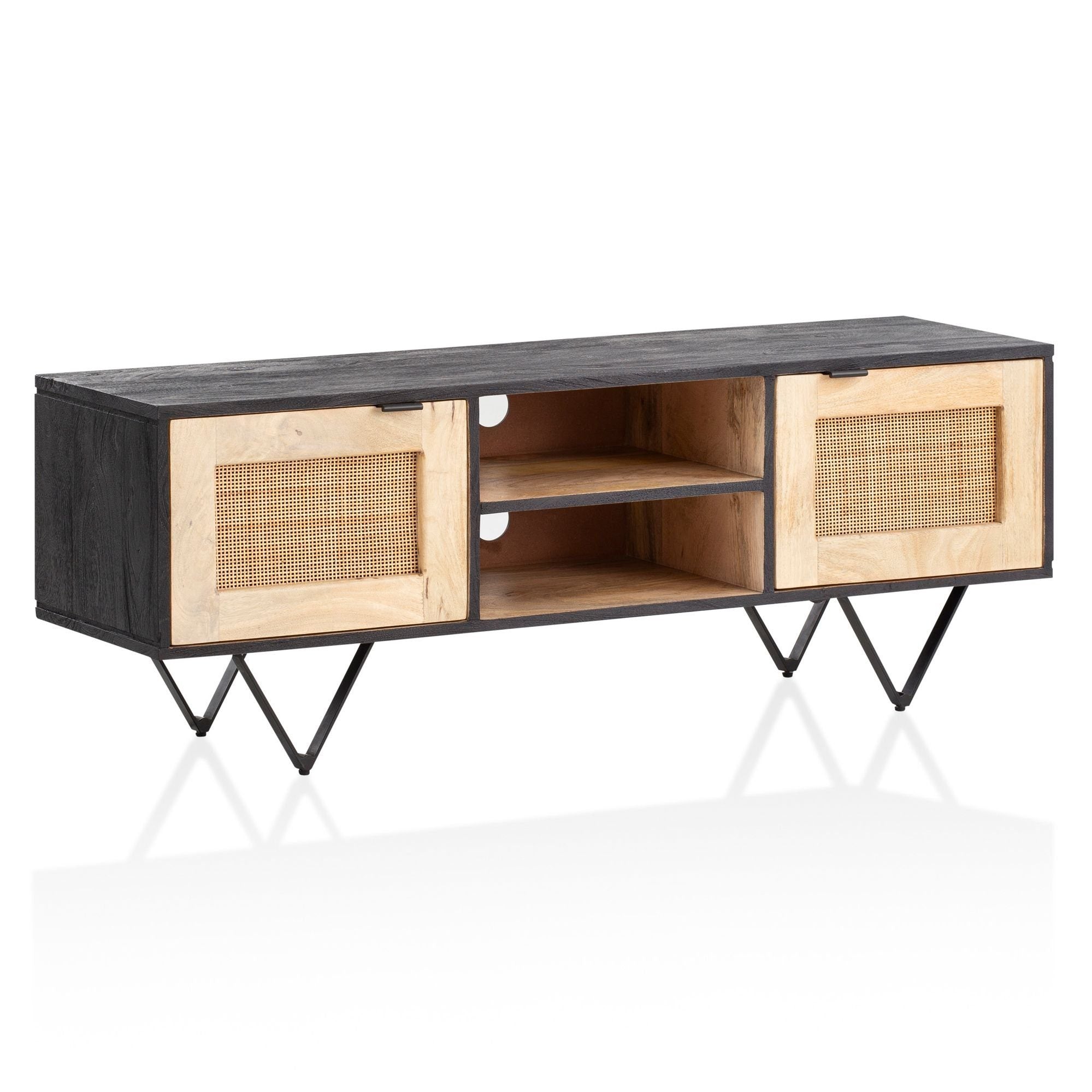 Moderne TV-skab med masser af opbevaringsplads, massivt træ / rattan, 120x44x35 cm, brun og sort