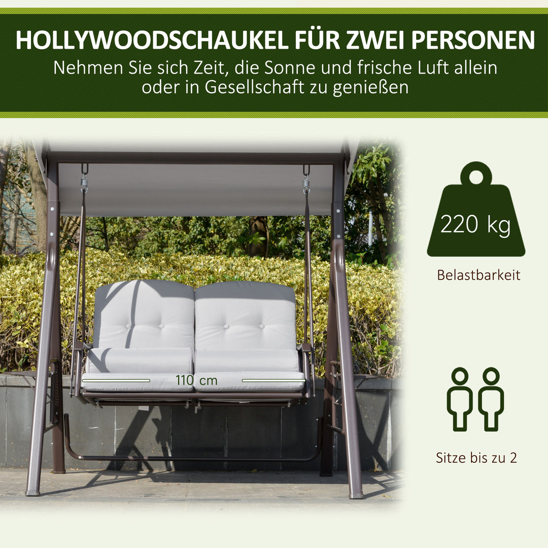 2-personers Hollywood gyngestol med solsejl, hynder, bakke, metal, polyester, grå, 162 x 118 x 173 cm