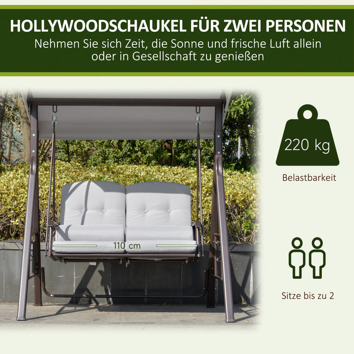 2-personers Hollywood gyngestol med solsejl, hynder, bakke, metal, polyester, grå, 162 x 118 x 173 cm
