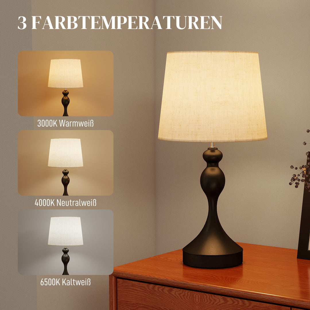 LED-bordlampe med 3 farvetemperaturer, sengelampe med USB A+C-opladeporte, skærm i linned, sort