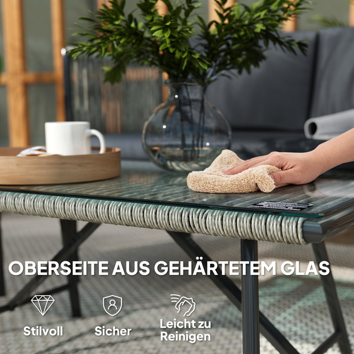 Havemøbelsæt med 4 dele, 1 sofa, 2 lænestole, 1 glasbord, hynder, stålstel, plastikrattan, grå