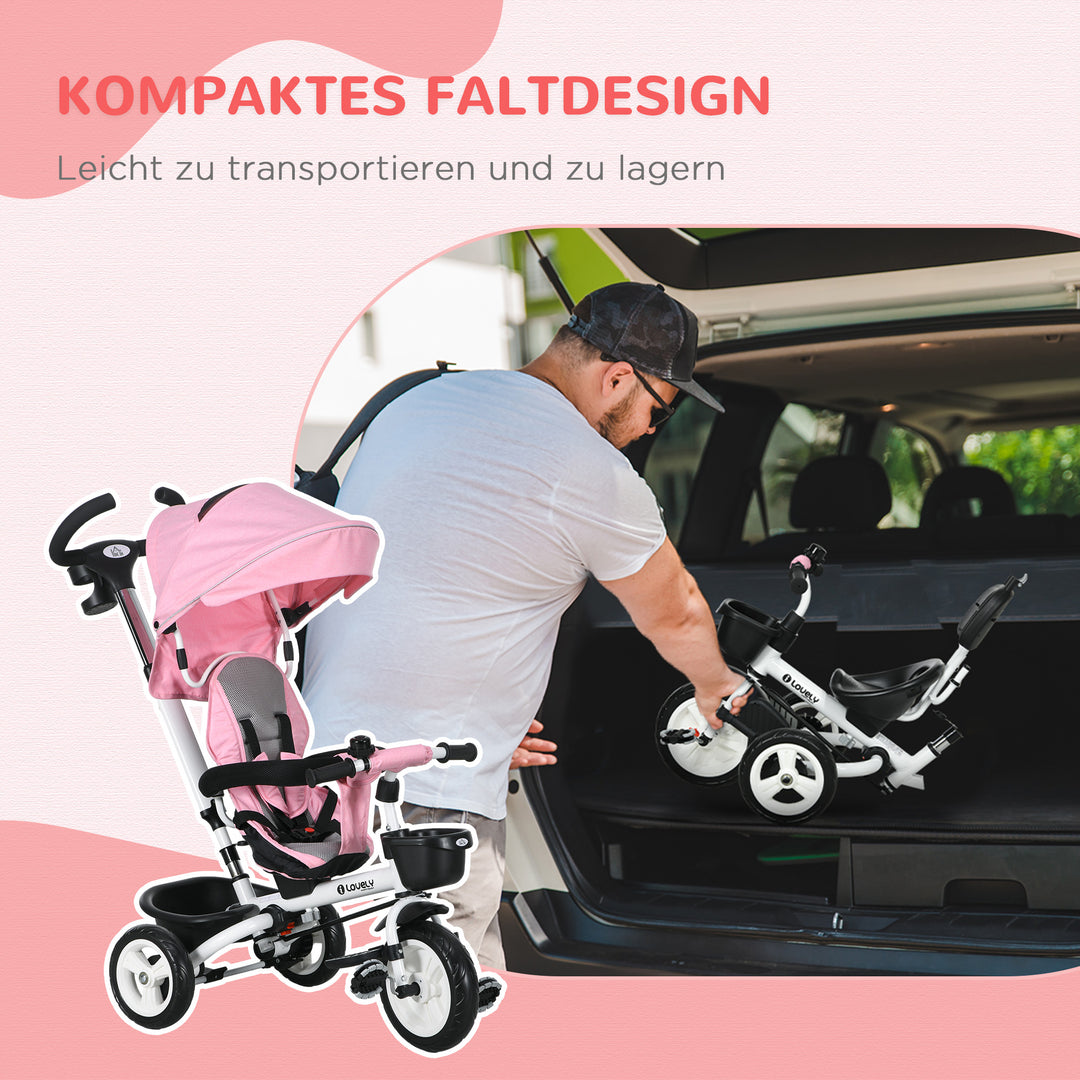 6-I-1 børnetrecykel med skubbehåndtag, kaleche, sele, opbevaringskurv, 18+ måneder, lyserød