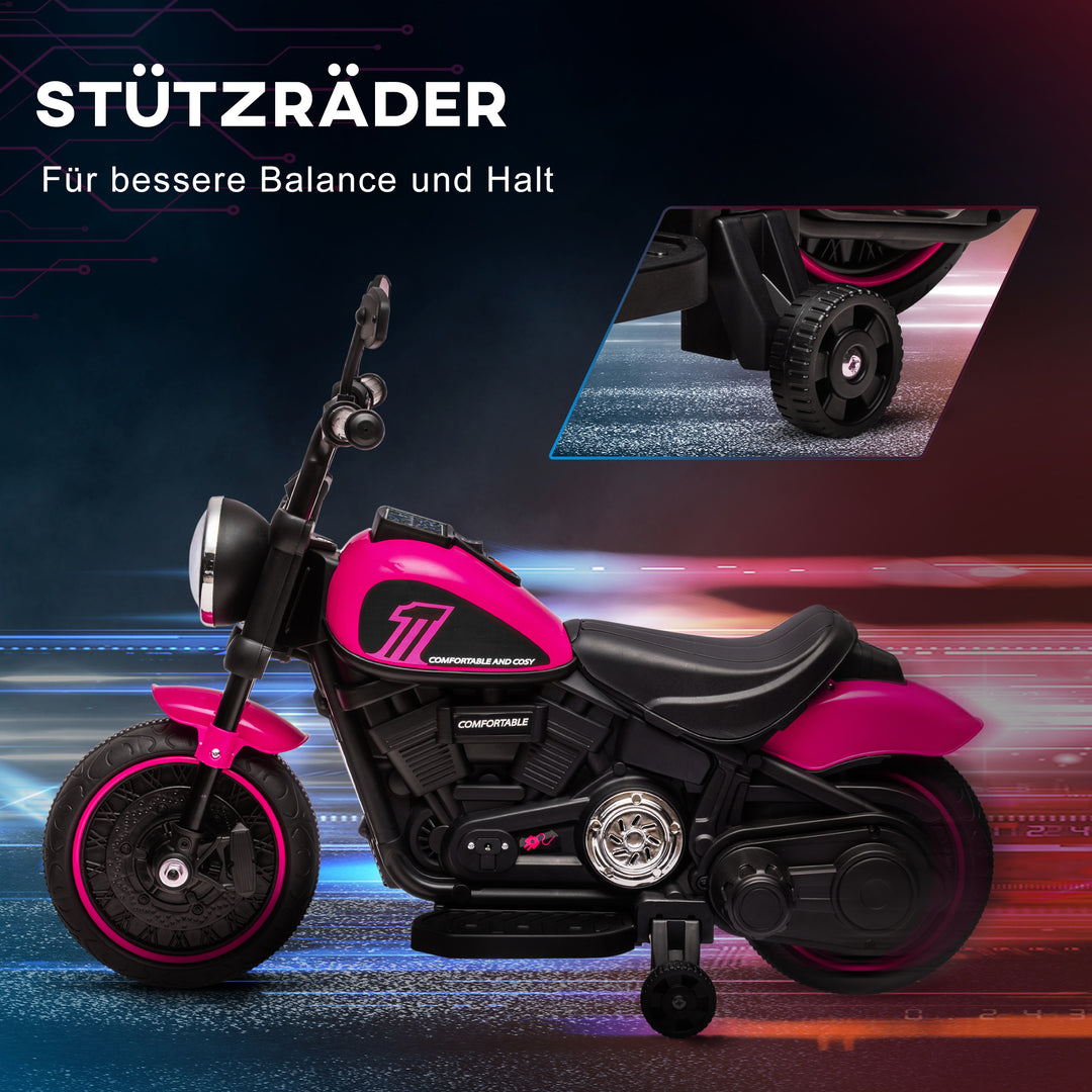 Elektrisk børnemotorcykel med støttehjul, forlygte, 1,5 til 3 km/t, til børn 1,5 til 3 år, pink