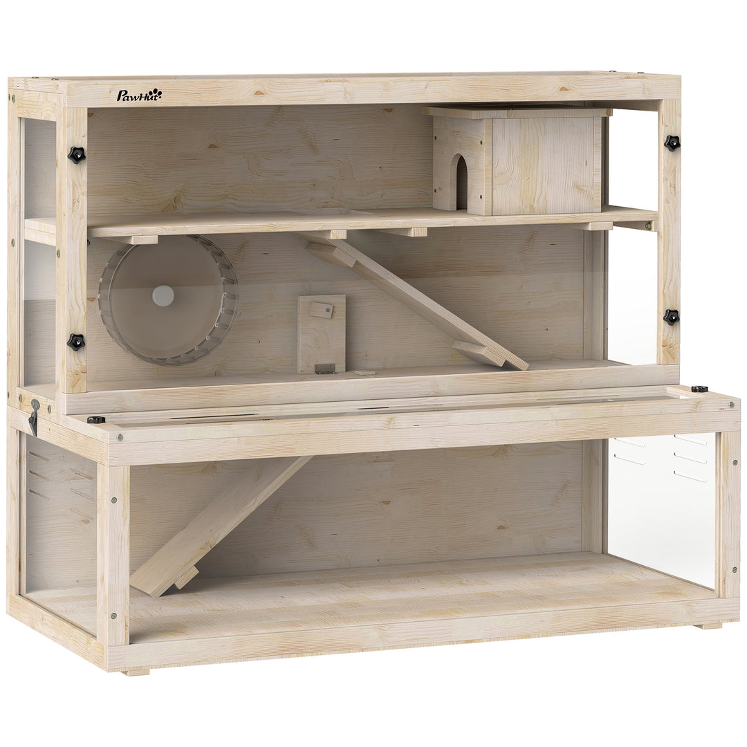 Hamsterbur, 3 niveauer, hytte, tilbehør, 100 x 50 x 84 cm, til flere små dyr, træ, plastik