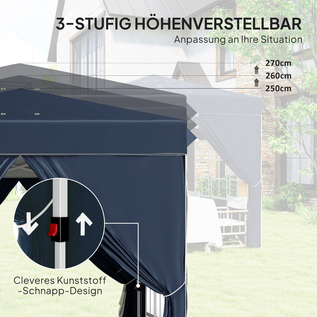 2,5 x 2,5 m pop-up pavillon med sidepaneler og bæretaske, UPF50+ højdejusterbart havetelt, mørkeblå