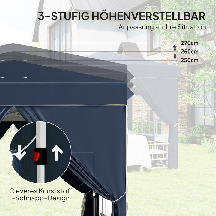 2,5 x 2,5 m pop-up pavillon med sidepaneler og bæretaske, UPF50+ højdejusterbart havetelt, mørkeblå