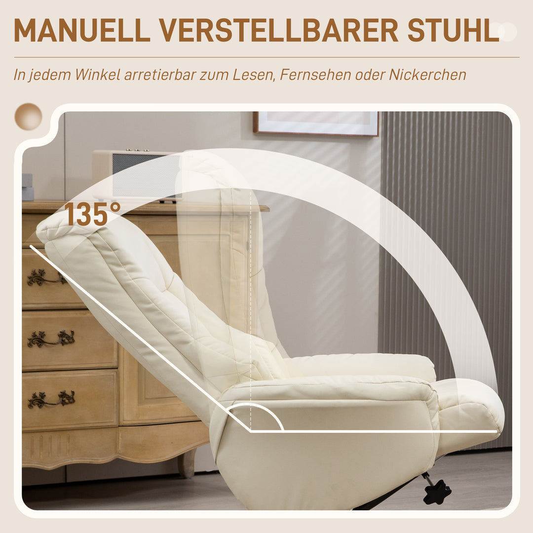 Lænestol med fodskammel, lænefunktion, betræk i kunstlæder, op til 150 kg, 71 x 84 x 102 cm, cremehvid