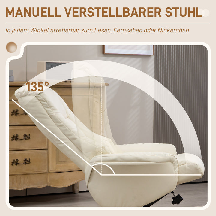 Lænestol med fodskammel, lænefunktion, betræk i kunstlæder, op til 150 kg, 71 x 84 x 102 cm, cremehvid
