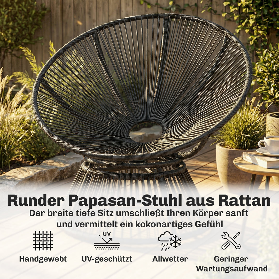 Papasan stol, 360° drejelig, kurvestol med hynde, stålstel, rund rattanstol, lænestol, grå