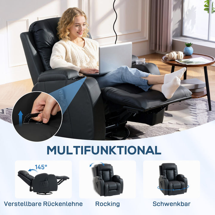 Massagestol med gynge-, læne- og varmefunktion, 3 tilstande, drejelig, sort