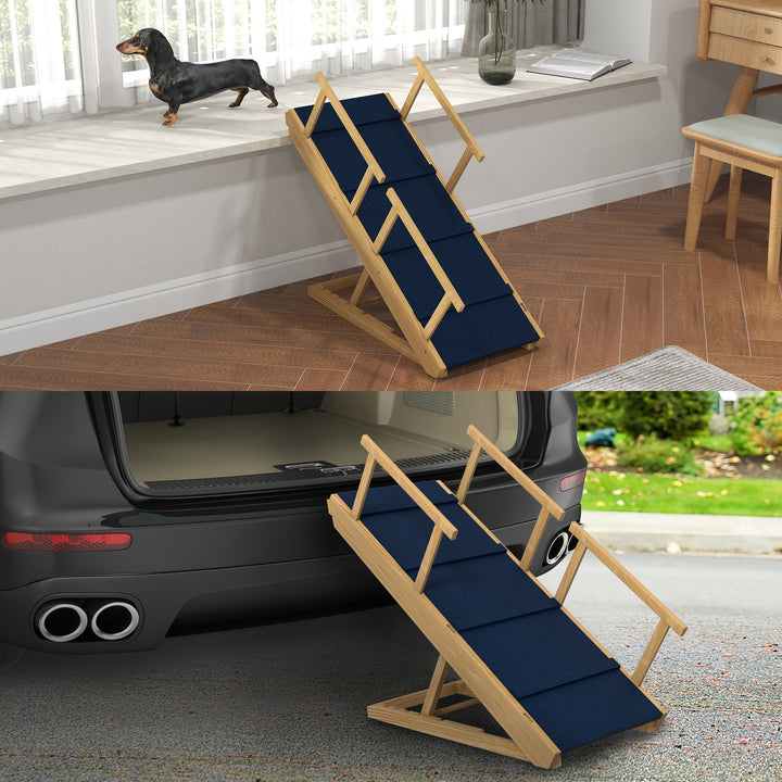 Hunderampe, højdejusterbar, foldbar, med gelænder, til hunde op til 40 kg, træramme, 85 x 40 x 61 cm, sort