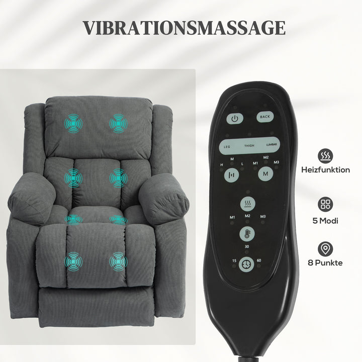 Tv-lænestol med massage- og varmefunktion, elektrisk lænestol, fjernbetjening, sidelommer, grå