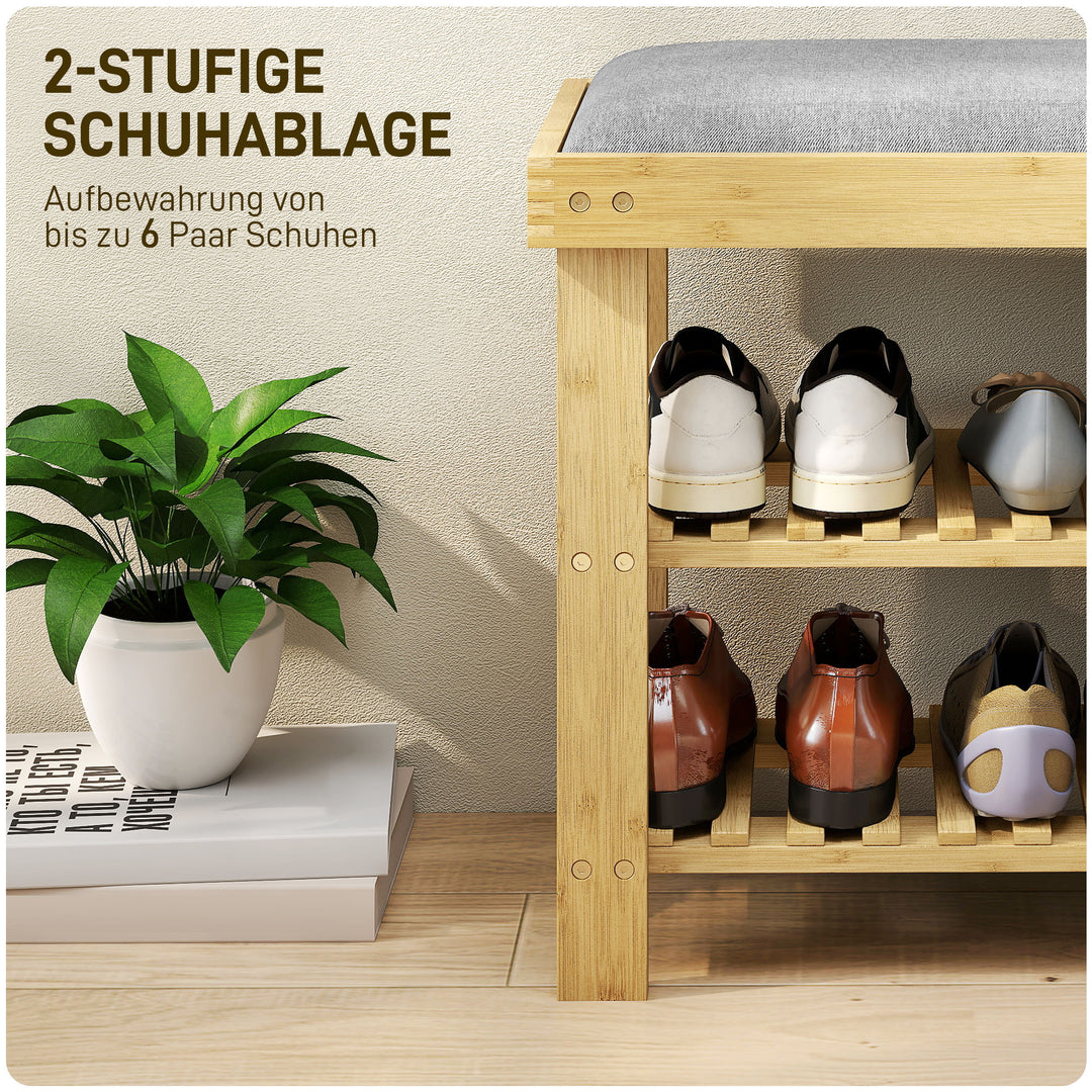 Skobænk med sæde, bambusbænk med opbevaring, 2 åbne rum, bænk 60 x 29 x 49 cm grå