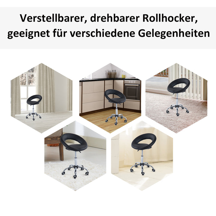 Rullende skammel arbejdsskammel drejeskammel kontorstol højdejusterbar, pu+metal, sort, 50 x 54 x (66-78) cm