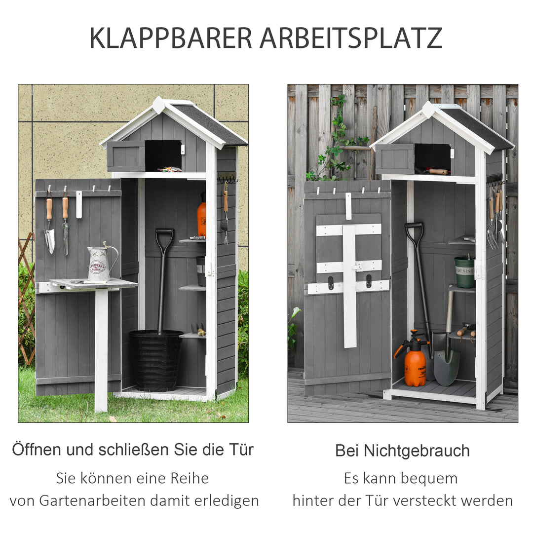 Træskur, vejrbestandigt redskabsskur 78x52,5x182cm, redskabsskur med dør, gavltag, redskabsskab med kroge, foldbart bord, redskabsskab haveskur til have, terrasse, grå