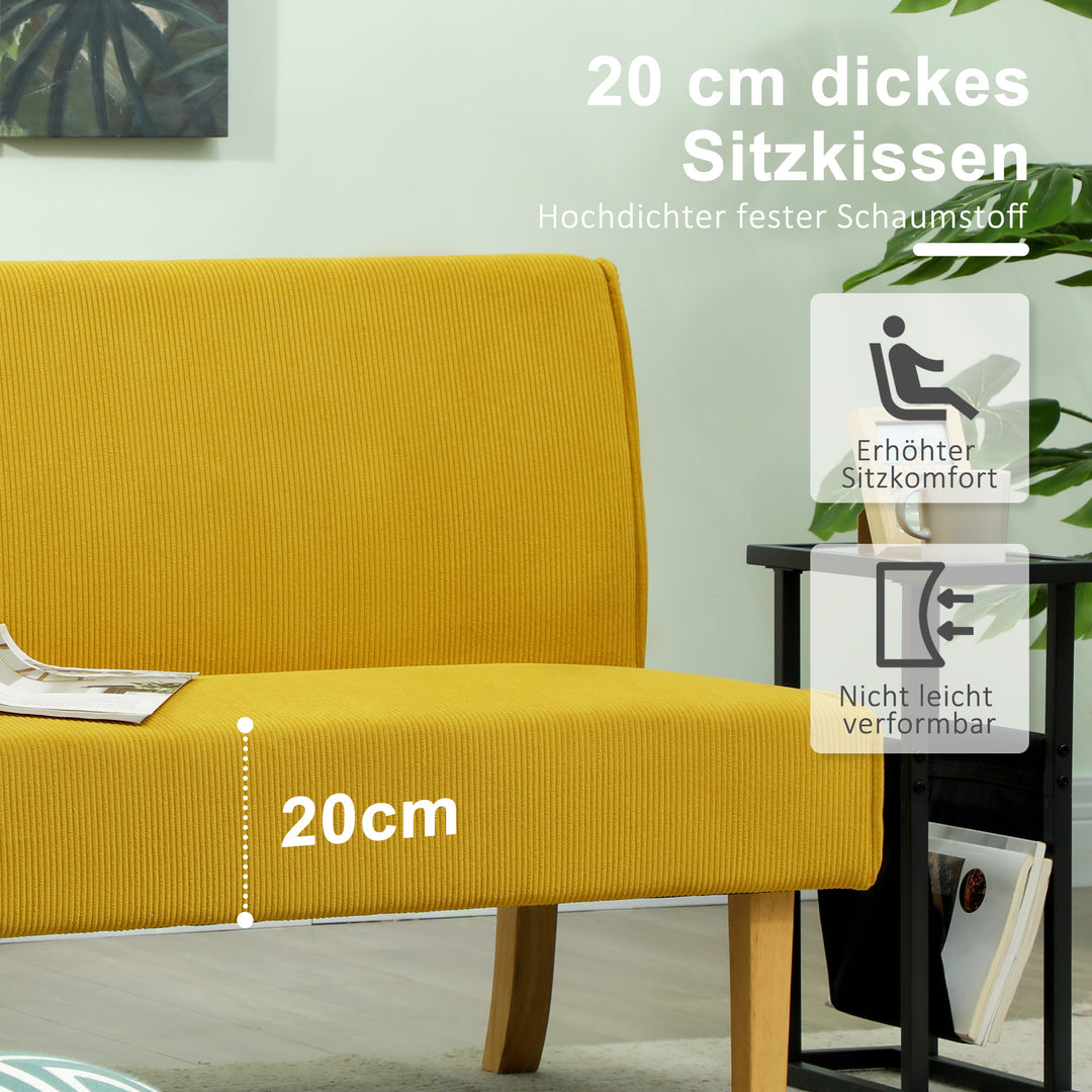 To-personers sofa med fløjlsbetræk, tyk polstring og massive træben til stue, soveværelse, kontor, gul