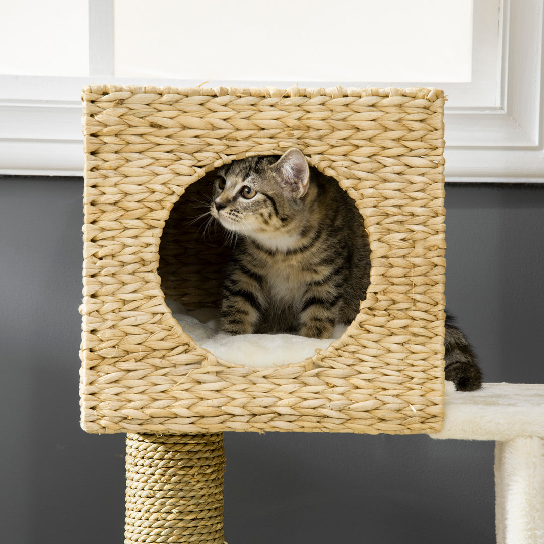 Kradsetræ med kattehus, sisal kradsetræer, vaskbare puder, 100,5h x 57l x 37b cm, hvid/natur