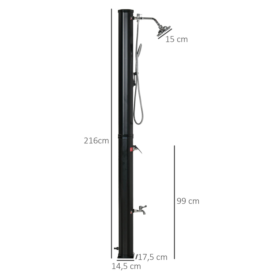 Solbruser 35 liter 0-55 ℃ varmtvands campingpoolbruser med hane og regnbruserhoved sort 17,5 x 14,5 x 216 cm