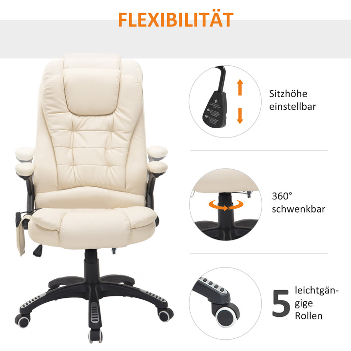Kontorstol med massagefunktion, varmefunktion, højdejusterbar, vippefunktion, massage kontorstol, cremehvid + sort
