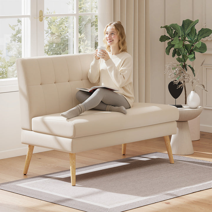 2-personers sofa, tykpolstret ryglæn, træben, tyk polstring, linnedlook, til små rum, beige
