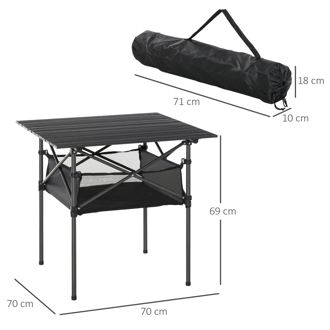 Foldbart campingbord i aluminium med netpose, bærbart picnicbord til camping, have, fest, picnic, balkon, sort, 70 x 70 x 69 cm