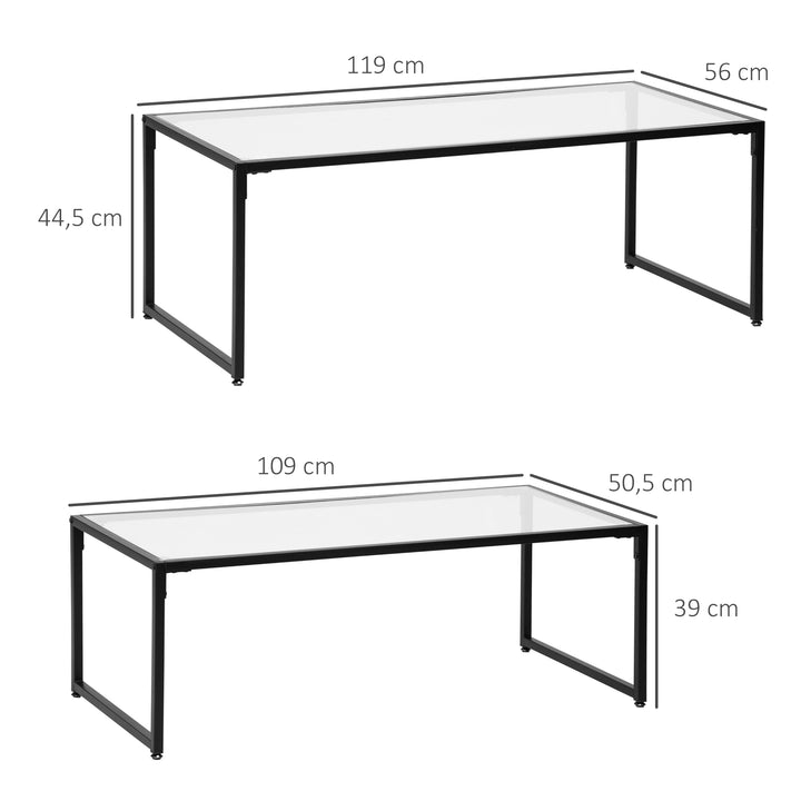 Sæt med 2 sofaborde, glasborde, med pulverlakeret stål, sort + transparent
