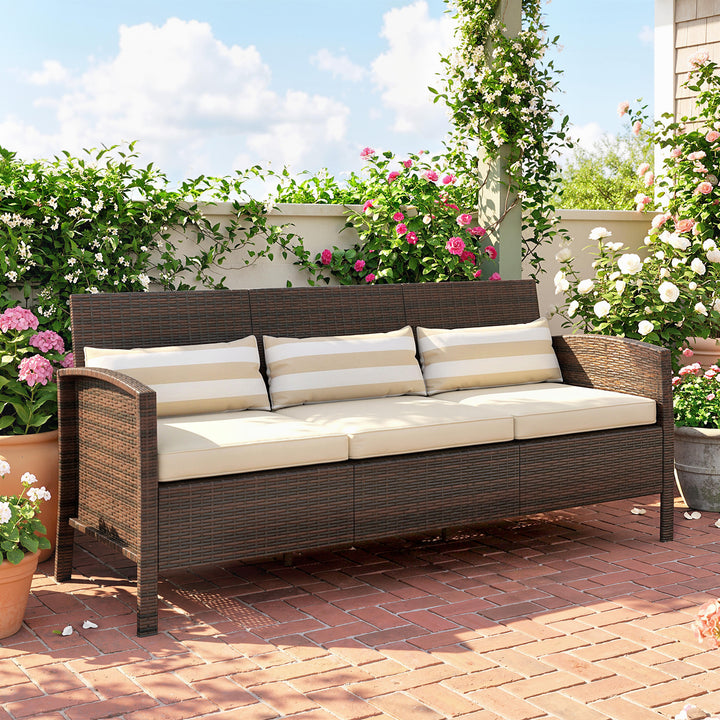 Rattan sofa med hynder, tre-personers, havelounge sofa, stål, brun, 173 x 68 x 78 cm