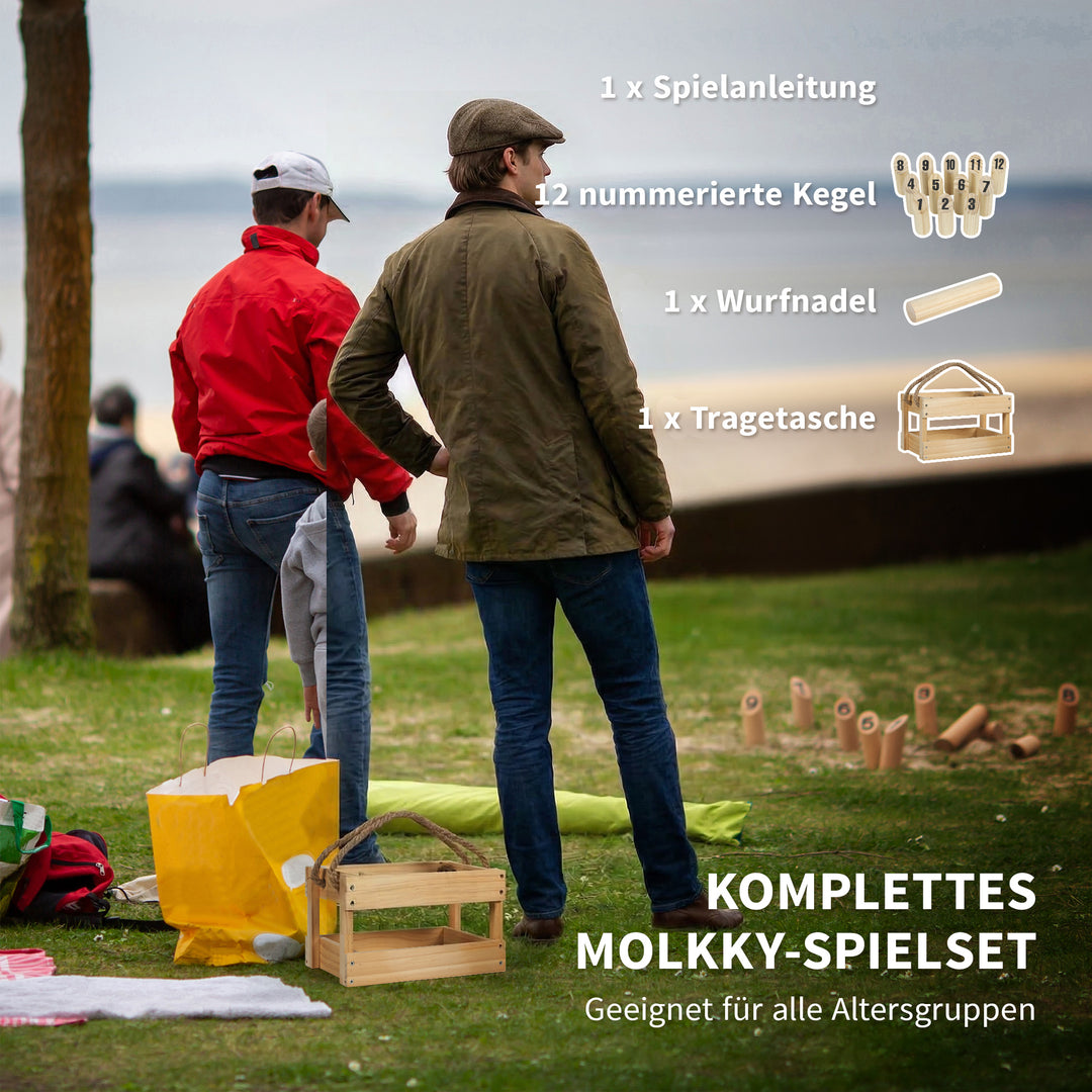 Mölkky-spil, Kubb Viking-kastespil i træ med 12 kegler, 1 pind, transportkasse til familier og grupper